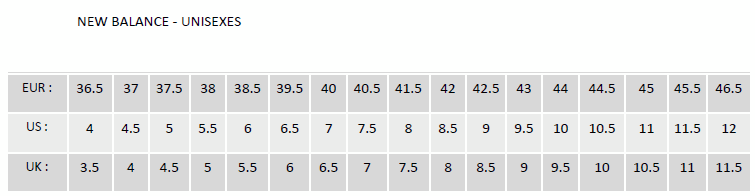 new balance guide des tailles